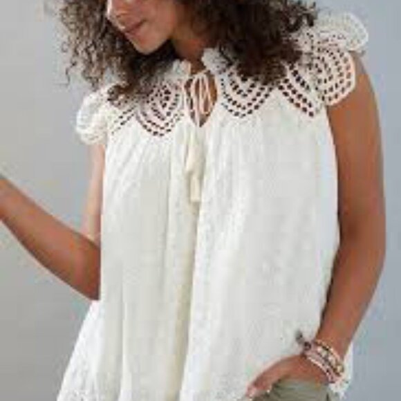 Adiva Eyelet Tassel Tie Flutter Sleeve Top - Picture 1 of 8